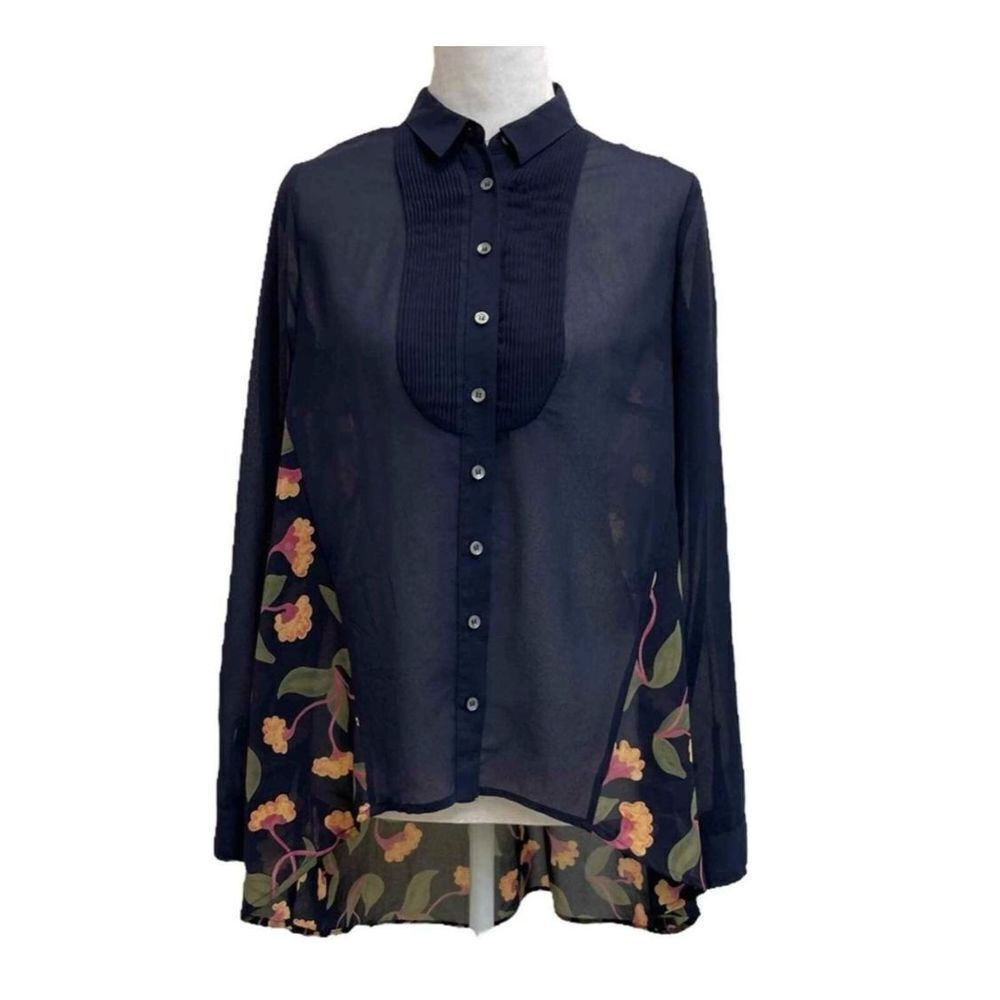✨Anthropologie Maeve Ira Navy Blue Pleat Front Floral Hi Low Button Sz 8 Blouse✨ - Picture 4 of 14